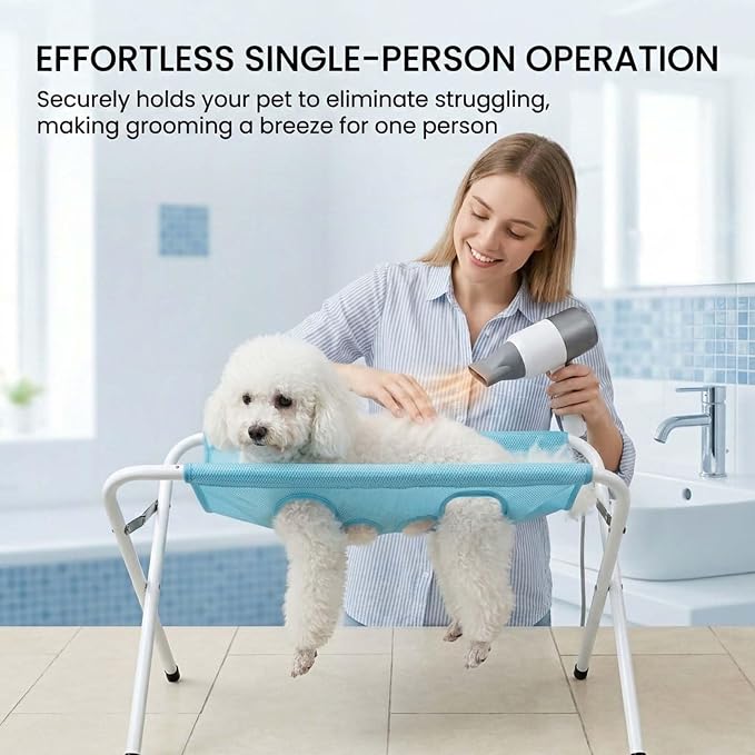 Pet Bathing Hammock, Foldable 8-Hole Grooming Stand for Small Pets (Blue) | Easier Pet Bathing, Less Scratches and Bites, Sturdy Frame Quick-Dry Mesh, Ideal for Dogs & Cats, Nail Trimming and Grooming