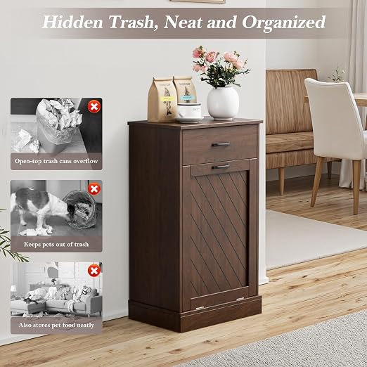 njnj 13 Gallons Tilt Out Trash Cabinet, Kitchen Hidden Trash Bin Cabinet Wood Garbage Recycling Cabinet with Hideaway Drawer, Pet Proof Freestanding Trash Bin for Kitchen Living Room Brown