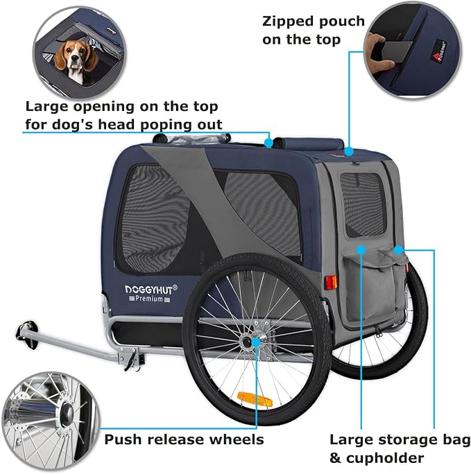 DOGGYHUT® Premium Large Pet Bike Trailer Up to 77 lbs (Blue) | Bicycle Trailer for Small Medium or Large Dogs, Dog Bicycle Carrier, Low Center of Gravity, Folding Frame Cart