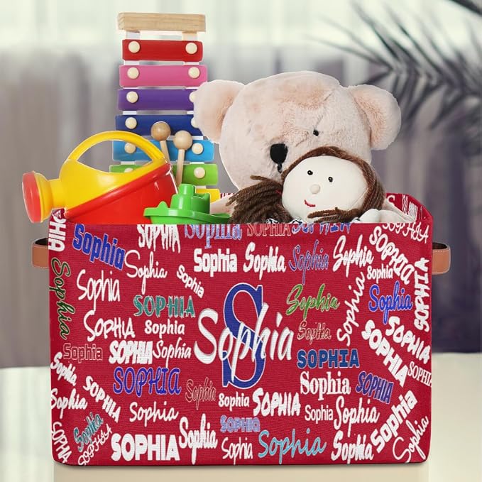 Personalized Storage Basket with Name, Rectangle Toys Storage Bin with Handles for Baby, Boys, Girls, Collapsible Basket for Clothes, Books, Solid Red Color