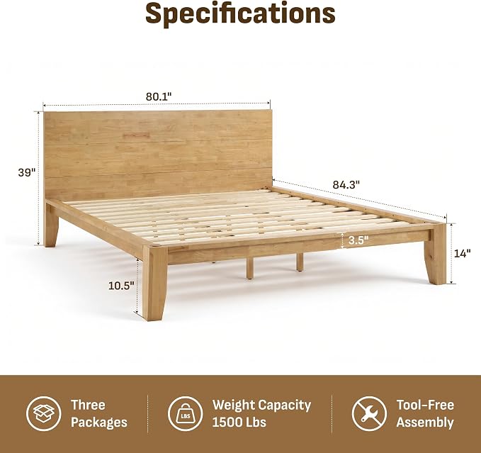 Softa Mikor King Japanese Joinery Bed Frame with Headboard, Solid Rubberwood, 1500 Lbs Heavy Duty Slats Support, SGS Certified, No-Tool Setup, Hidden Storage, USB-A/C Port, No Box Spring Needed