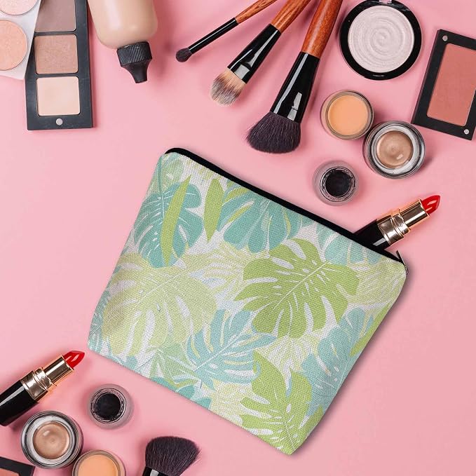 Palm Leaves Makeup Organizer Bag Cosmetic Bag For Men Women, Tropical Beach Palm Leaf Floral Travel Toiletry Bag Flax Makeup Bags Purse Business Makeup Pouch For Toiletries Cosmetics Green