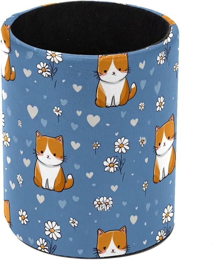 Faux Leather Pen Holder for Desk, Pencil Organizer Cute Cats Pen Cup Desk Decor Makeup Brush Holder Storage for Office Home