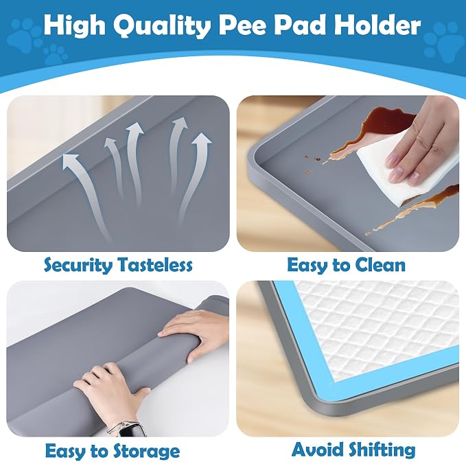 Dog Pee Pad Holder, Dog Potty Tray Silicone Puppy Pad Holder Tray Fits for 34" x 22" Training Pads, Puppy Potty Tray No Spill Raised Lip High Edge for Floor Protection (Dark Grey)