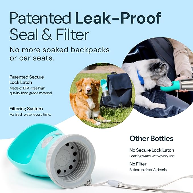 MalsiPree Leak Proof Stainless Steel Portable Dog Water Bottle - 24 oz, Blue Water Dispenser for Pets - Outdoor Dog Travel Water Bottle -