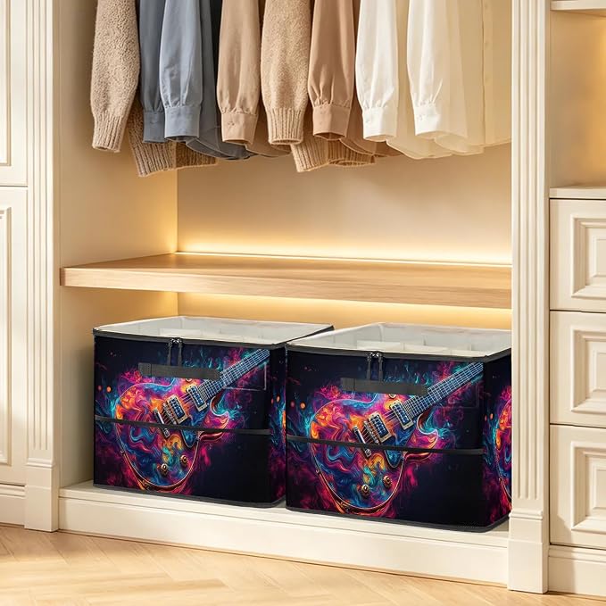 TropicalLife Colorful Swirls Guitar Shoe Organizer for Closet | Foldable Shoe Storage Organizer Box Bin with Adjustable Dividers and Clear Cover, Fits up to 16-32 Pairs