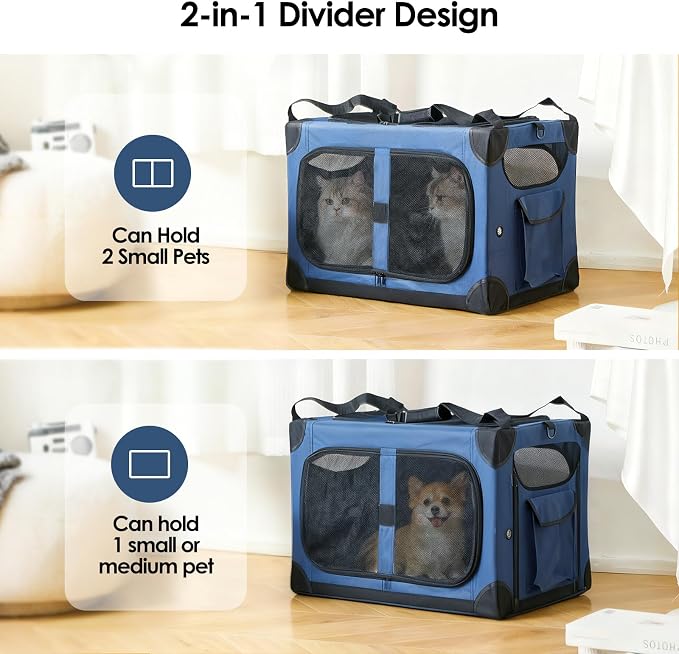 Extra Large 2-Cat Foldable Pet Travel Carrier,24"x17"x17",Blue | Removable Divider, Metal Frame Support, Breathable Mesh Panels, With Storage Tote & Padded Straps