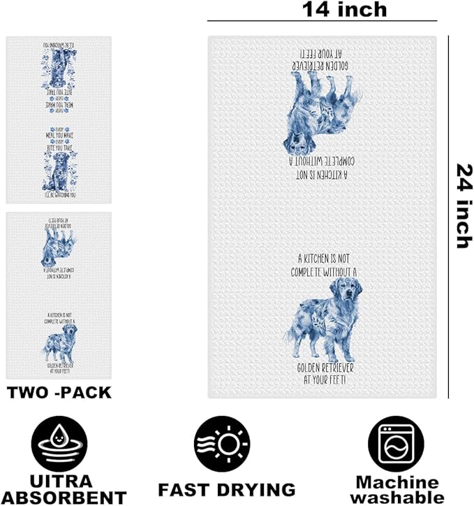 2 Pcs Chinoiserie Golden Retriever Kitchen Towels 24x14 Inch, Golden Retriever Gifts Reusable Dish Towels for Kitchen Decor, Blue and White Floral Waffle Weave Hand Towel, Dog Gifts for Women Mom