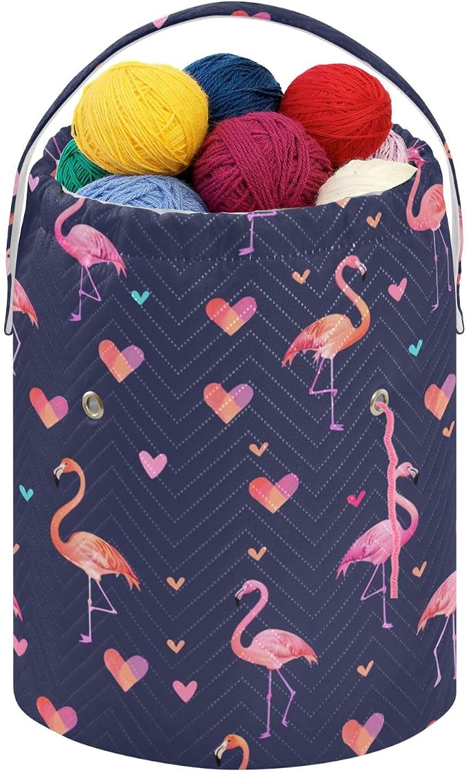 Fustylead Cute Pink Flamingo and Hearts Crochet Drawstring Organizer, Large Yarn Bag Storage Tote Basket for Crocheting On The Go, Kit Holder, Gift for Knitter, Crochet Beginner