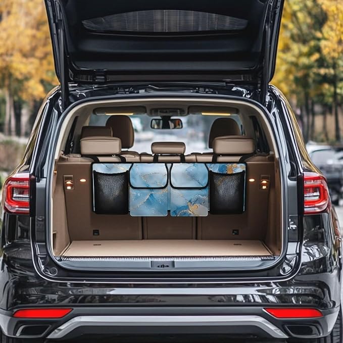 Dreaweet Blue Marble Print Car Trunk Organizer for Sedan Collapsible Car Organizers and Storage with 4 Pockets Hanging Back Seat Organizer Car Storage Accessories Interior for Women Men