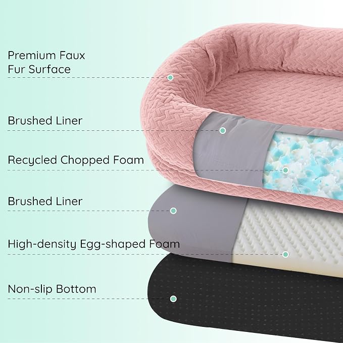 ChiXnuggle Orthopedic Human Dog Bed,with Faux Fur Washable Cover,Blanket | dusty pink,72*40*10,giant dog bed for adult or extra large dogs,egg crate foam,non-slip bottom