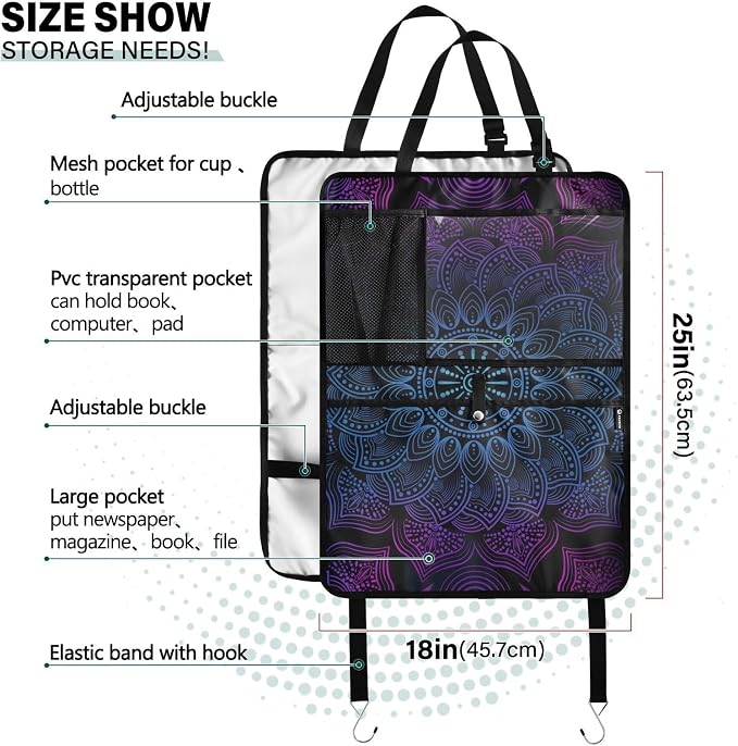 JIPONI Car Backseat Organizer, Boho Mandala Automotive Back Seat Protector, Kick Mats with Storage Pockets for Kids Pets, Road Trip Accessories