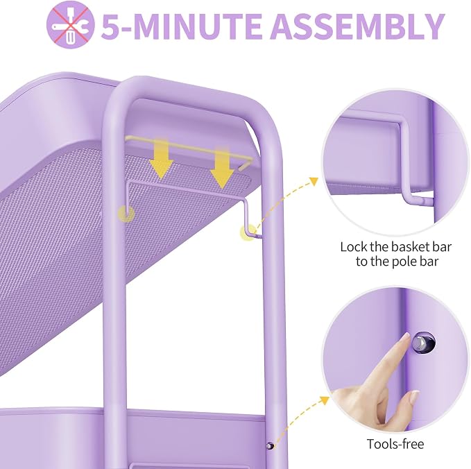 TOOLF 4 Tier Metal Rolling Cart, Utility Storage Cart with Wheels, Purple | Screwless Assembly, Lockable Metal Wheels, Trolley Organizer for Bathroom, Kitchen, Office, Dorm, Laundry, Craft Room