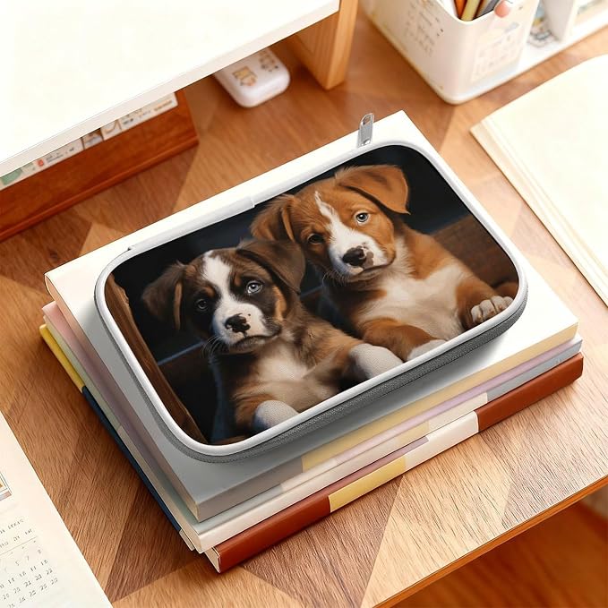 Puppies Dogs Pets Animals Multi-Functional PU Pen Case, Waterproof Zipper Stationery Organizer, Portable Storage Pouch for Office Supplies Cosmetics Travel Accessories And Daily Use