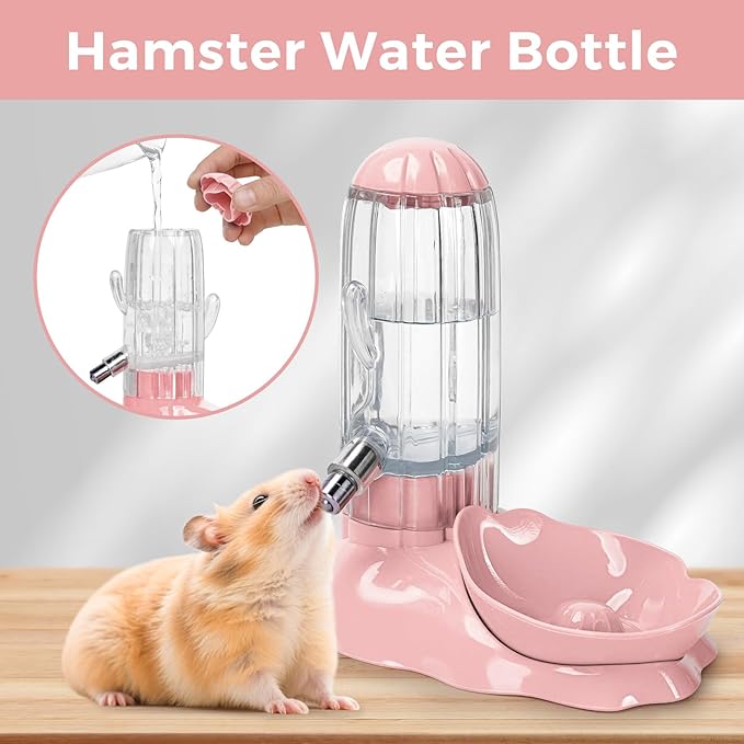 VANNON 2 in 1 Hamster Feeder Small Animal Water Bottle & Food Bowl Water Dispenser & Food Dish Bowl for Hamster, Small Mice, Rat, Gerbil, 4.6oz/130ml, BPA Free, Pink