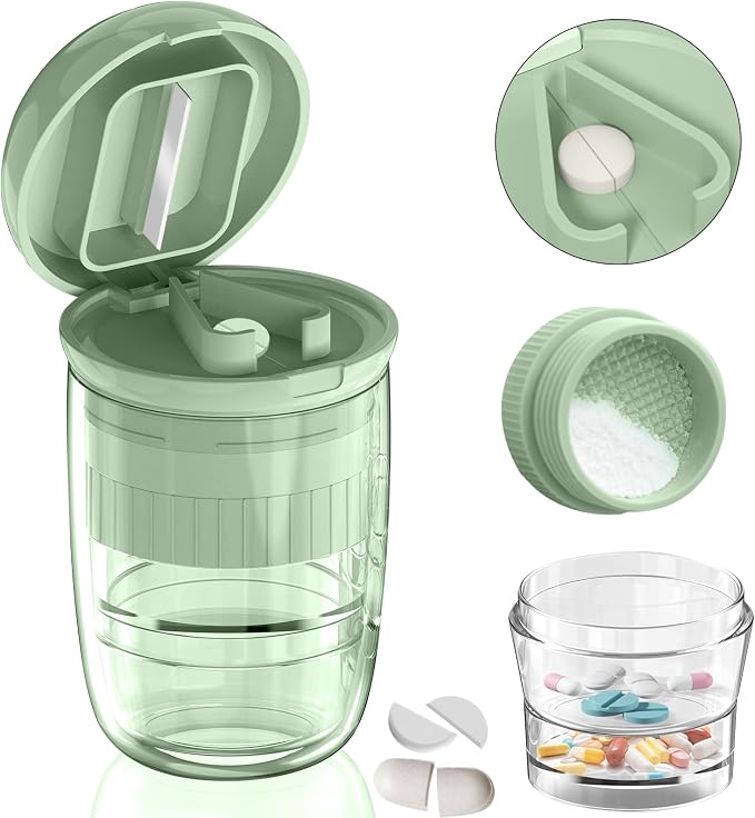 Pill Cutter Crusher Splitter: 3-in-1 Portable Storage Case Green