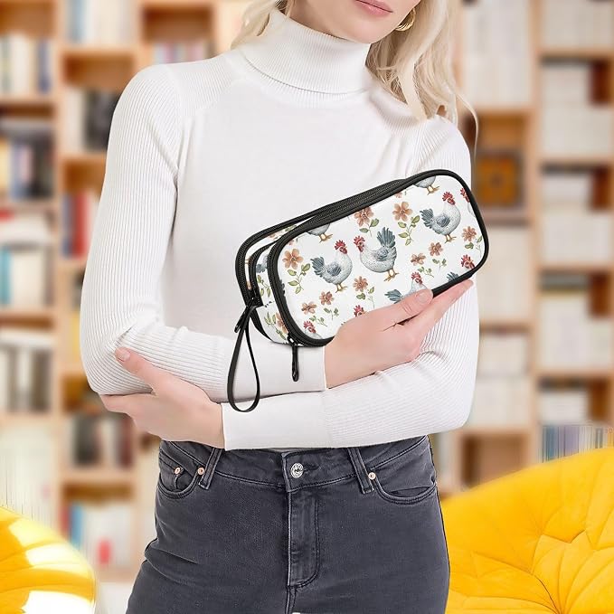 JUNZAN Cartoon Pet Chicken White Pencil Bag Portable Pencil Holder Case Pen Holder for Teen Stationary Organizer