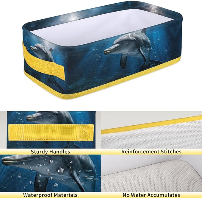 Sunshine Dolphin Undersea Bathroom Storage Basket, Foldable with Handle Open Countertop Paper Towel Decorative Box, Toilet Tank Top Shelf Baskets for Home Closet Bedroom Living Room Office