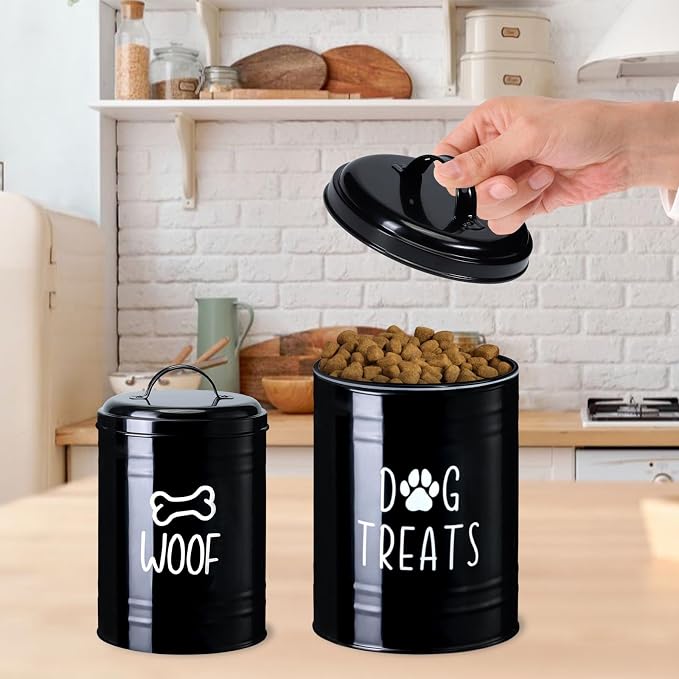 Dog Treat Container Airtight, Dog Treat Jar Set of 2 with Lid - 9x5.5''&7x4'' Metal Dog Cookie Jar for Farmhouse Kitchen Counter, Black Treat Jars for Pets, Treat Storage Container for Dogs, Cats | Large Capacity Dog Treat Jar Suitable All Popular Trea...