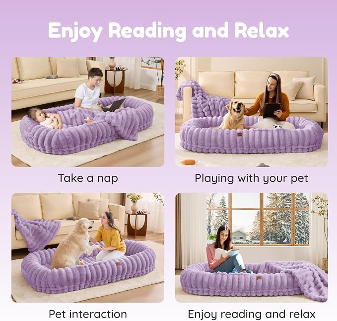 ChiXnuggle Orthopedic Human Dog Bed,Striped Faux Fur Washable Cover,Blanket | purple,72*40*10,giant dog bed for adult or extra large dogs,egg crate foam,non-slip bottom