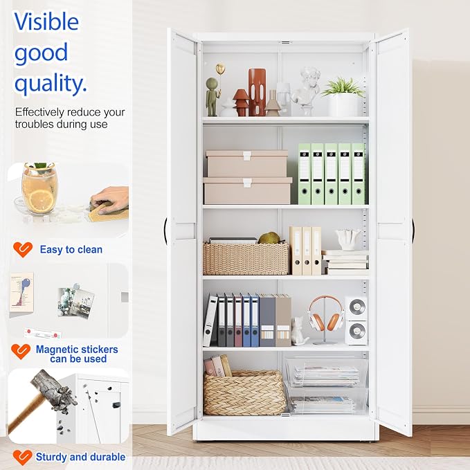 GAIOUS 71" Tall Kitchen Pantry Cabinet,White Cupboard,Metal Storage Cabinet | with 2 Doors and 4 Adjustable Shelves, Freestanding File Cabinet, 5 Tier Utility Cabinet for Dining Office Bathroom Bedroom