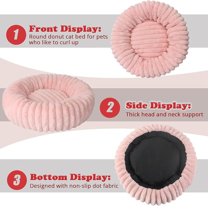 Donut Small Dog Bed Washable Cute Puppy Beds with Corduroy Fleece & Anti Slip Bottom, Round Faux Fur Pet Snuggle Beds for Large Cat, Pink, Small Breed 23x23x5.5 inches