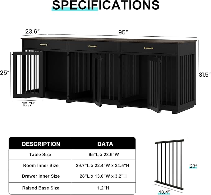 Dog Crate Furniture - Indoor Wooden Dog Kennel Crate with 2 Dividers, 3 Drawers, and 3 Lockable Doors, 95"x23.6"x31.5"H, Black