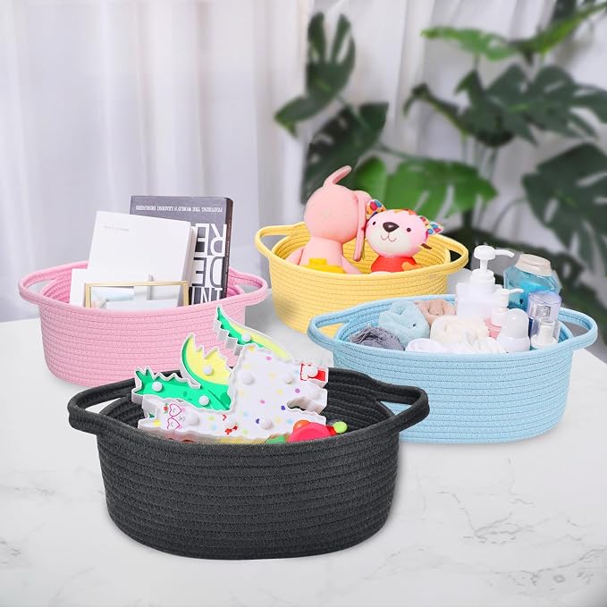 ABenkle Small Basket with Handles, Boho Decorative Rope Woven Dog Cat Toy Storage Bin Shelf Storage Organizer, Easter Christmas Gift Basket, 12"x8"x5", Black