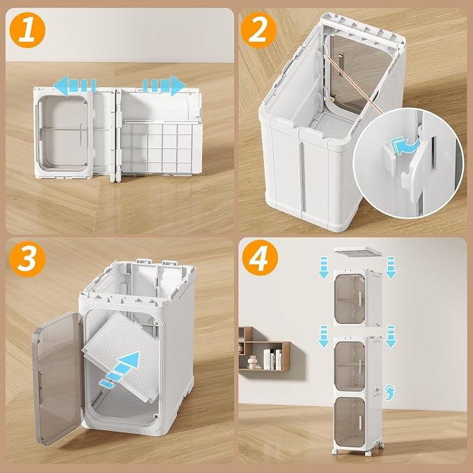 2 Tier Slim Bathroom Storage Cabinet, Foldable and Movable, White | Tools Free, ABS and PET, Magnetic Clear Door, Adjustable Shelves, Lockable Wheels, Water Resistant, For Narrow Space