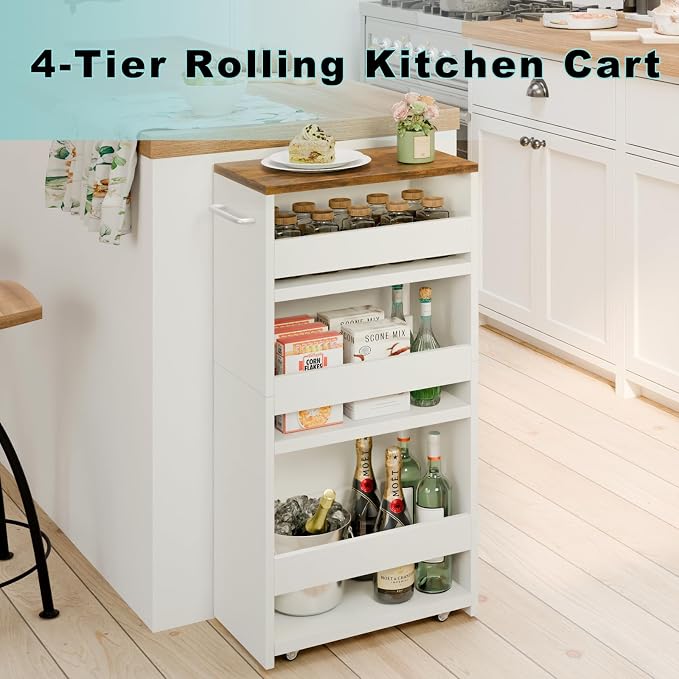 MARTY Slim Rolling Storage Cart 7.9" W Laundry Cart with Wheels,Brown+White | Narrow Utility Cart Between Washer and Dryer, 3 Tier Mobile Shelving Unit for Kitchen, Laundry, Bathroom, Office, Living Room