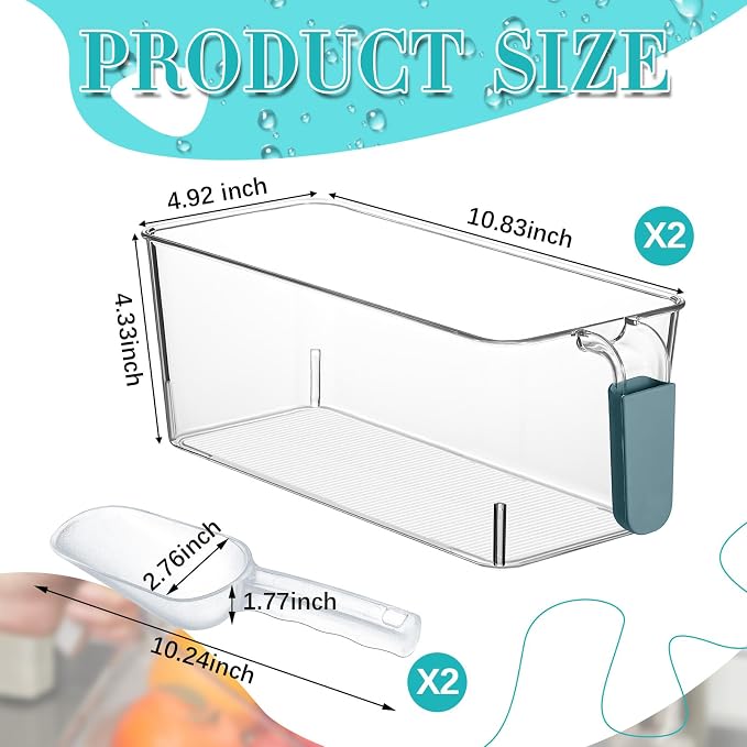 Havawish Ice Storage Bin and Flexible Scoop Set Plastic Freezer Bin | Freezer Ice Bin Scoop, Clear Bucket Container, Pull Handle, Flexible Storage, 10.83 X 4.92 X 4.33 in