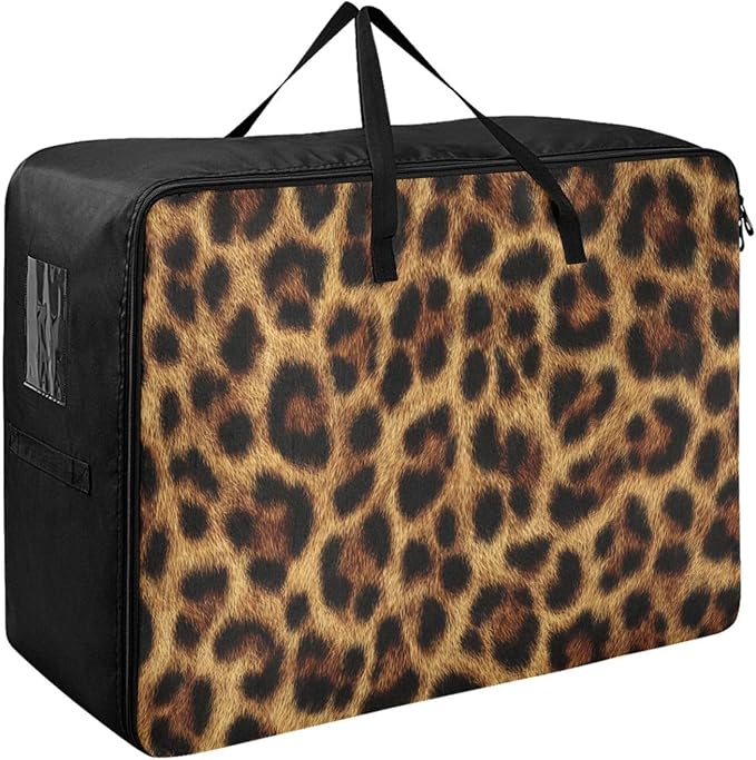 Comforter Storage Bags Large Folding Blanket Organizer Bag with Strong Handles Clear Window Closet Storage Containers for Clothes King Queen Pillows Bedding Quilt Duvet Brown Black Leopard Wild
