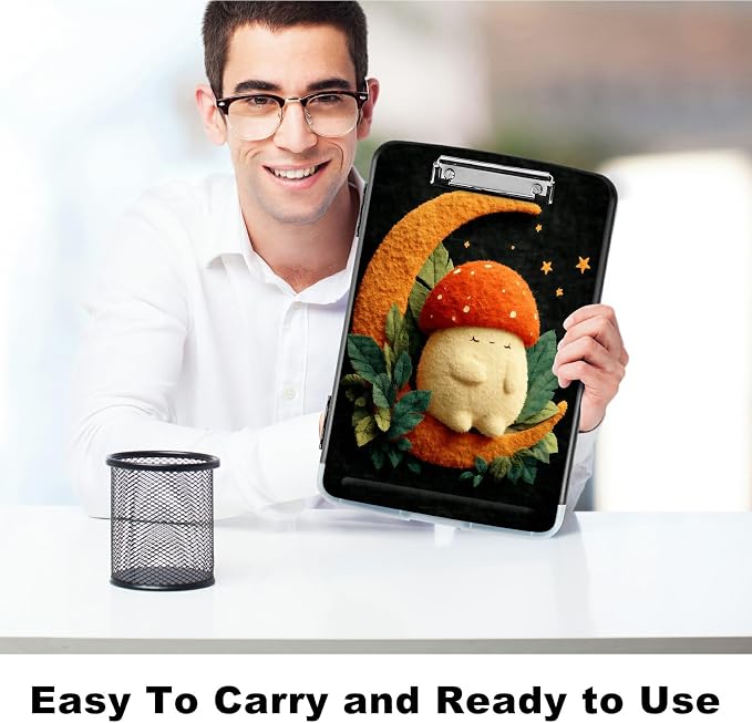 A4 Clipboard with Storage Pen Holder, Clipboards Organizer Nursing Clipboard Foldable File Folder Plastic Clipboard Folio Clip Board for Office Work Classroom Doctor, Orange Moon Mushroom