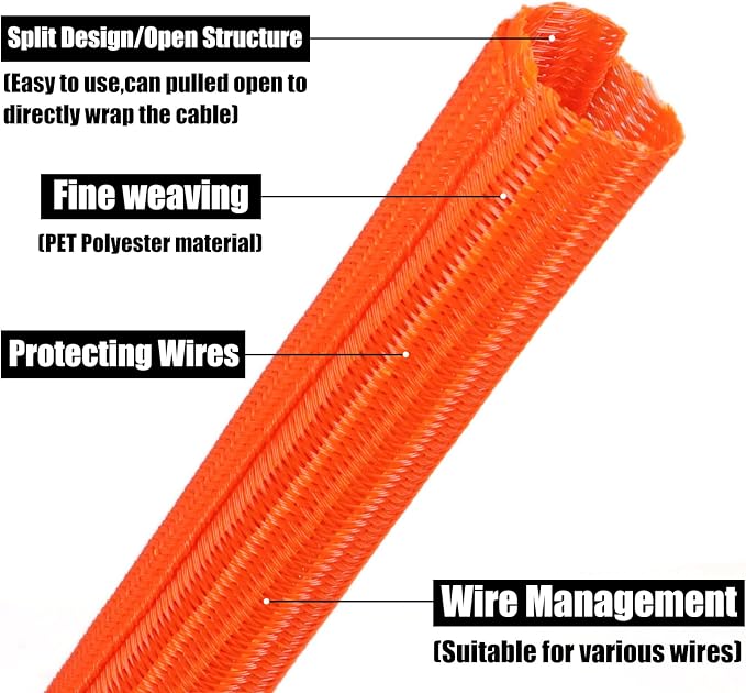 10ft PET Braided Cable Sleeve 1/2 inch(13mm) Wire Protector Cable wrap Wire Covers for Cords Cable Sleeves Cord Management Cable Management Sleeve(Orange)