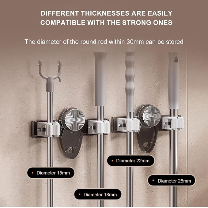Suction Cup Mop Holder, No Drill Mop and Broom Rack Wall Mounted with Hooks and 2 Clips, Removable Broom Holder Mop Hanger for Bathroom, Kitchen, Office, Utility Room, Laundry, Garage (Clear)