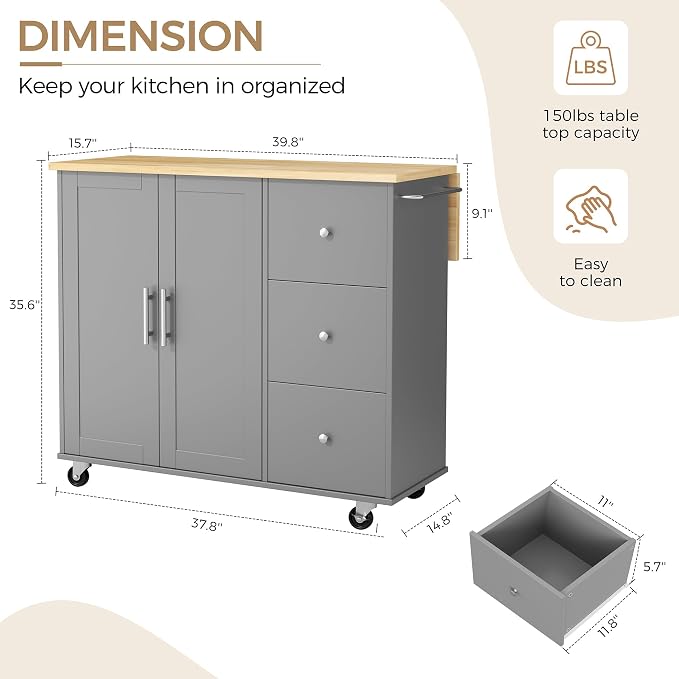 JY QAQA 40" Kitchen Island Cart Furniture cart on Wheels Rolling Portable Dining Room Serving Utility Carts Mobile Movable with Drawers Cabinet,Grey