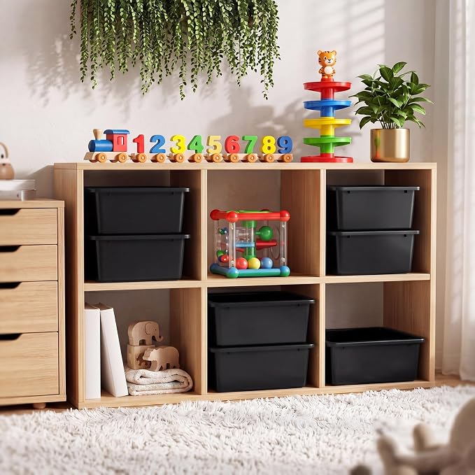 Zonon 12 Pcs Plastic Cubby Bins Office Storage Container Storage Bins Plastic Organization with 1 Pack Self Adhesive Label for Library Office Home Nursery (Black)