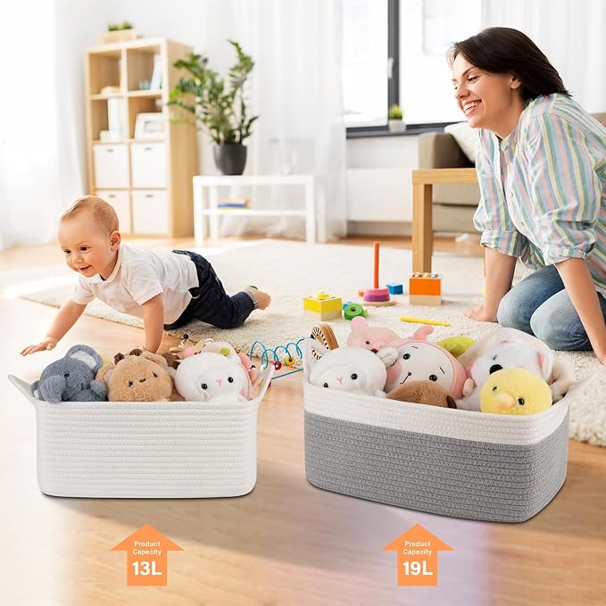 OIAHOMY 19L Woven Basket, Gift Basket Empty with Gift Bags and Ribbons, Rope Baskets for Baby Showers, Storage Baskets with Handles for Nursery, Pet Toy Organizer - Grey & White