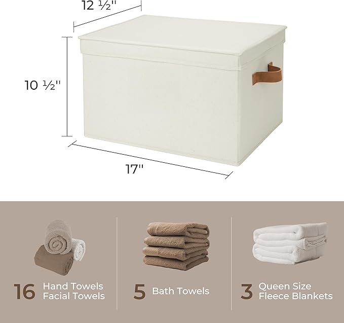 StorageWorks Fabric Storage Bins with Lids, Closet Storage Bins | Lidded Dust-proof, Easy Pull Handles, Foldable, Stackable, Ideal for Clothes Blanket Towel, Jumbo, Ivory, 3-Pack