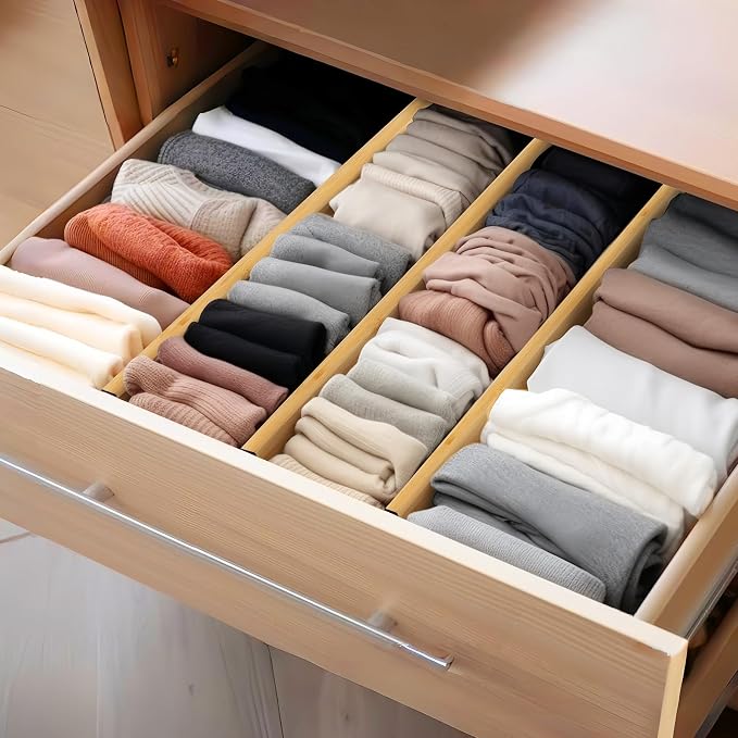 Bamboo Drawer Dividers Organizers, Kitchen Drawer Dividers for Clothes, Adjustable Drawer Separators for Dresser, Bedroom, Bathroom, Office, 4 Pack, 17“-22”