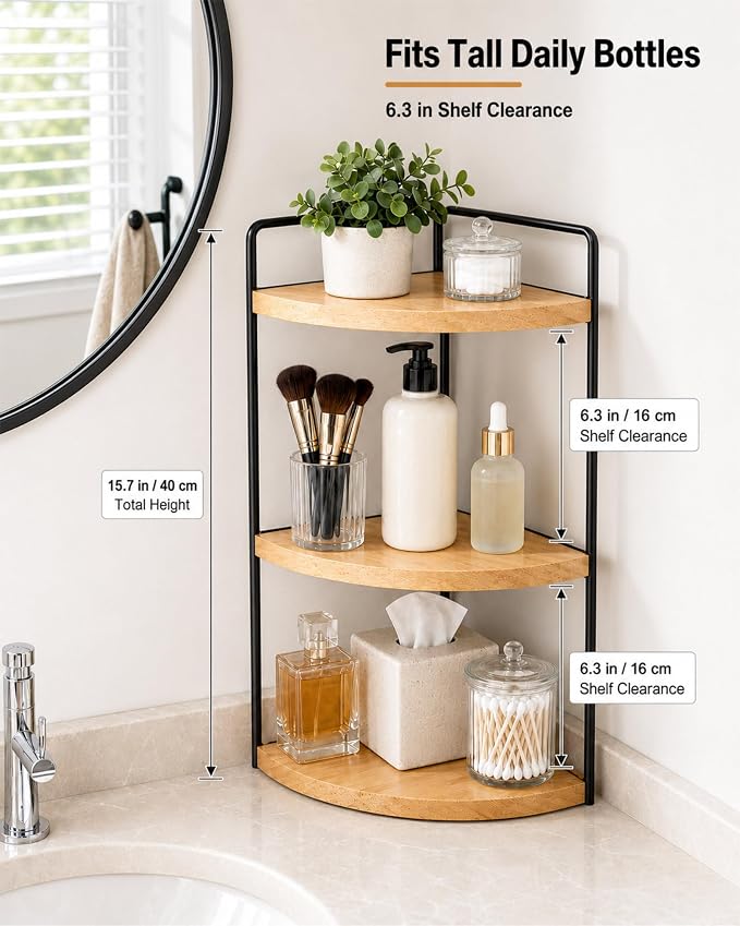 3-Tier Corner Bathroom Countertop Organizer, Solid Pine Wood Vanity Shelf | Natural wood solid pine shelves with 6.3 in clearance for tall bottles, skincare, perfume, and daily essentials.