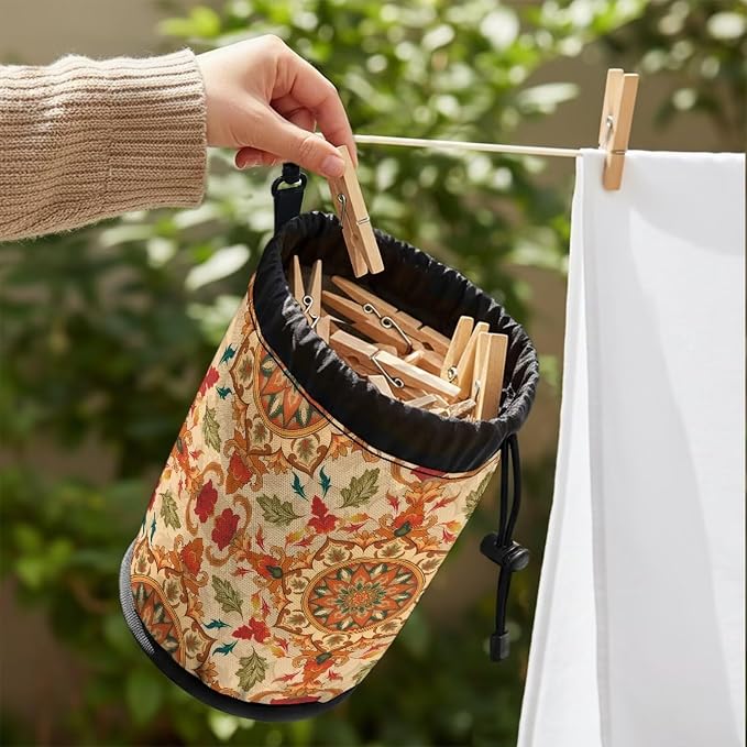 Clothespin Bag Holder Outside, Boho Mandala Print Hanging Clothes Pin Bag with Drawstring Closure, Ventilation and Large-Capacity Clothespin Storage Organizer with Hooks