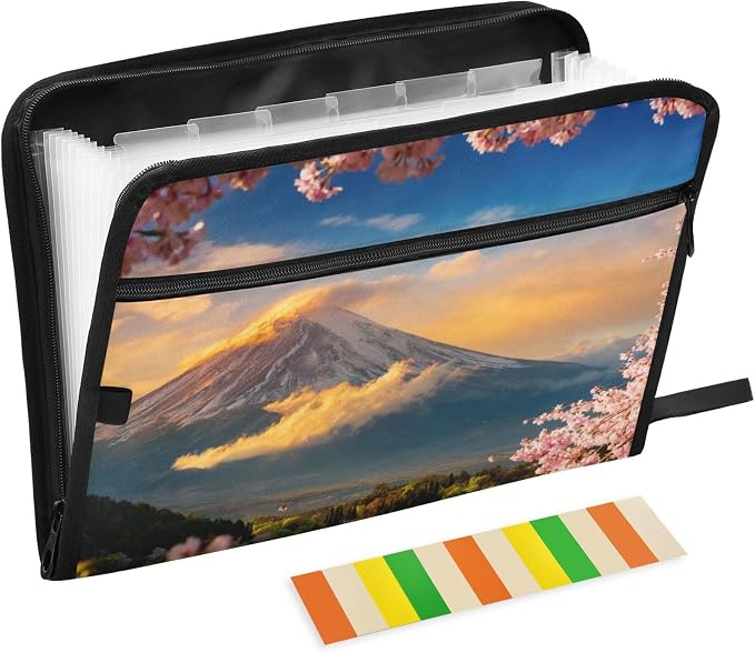 Mount Fuji at Sunset Expanding File Folder with Sticky Labels, 13 Pockets Accordion File Folder Document Organizer Expandable Zip File Folder with Zipper Closure