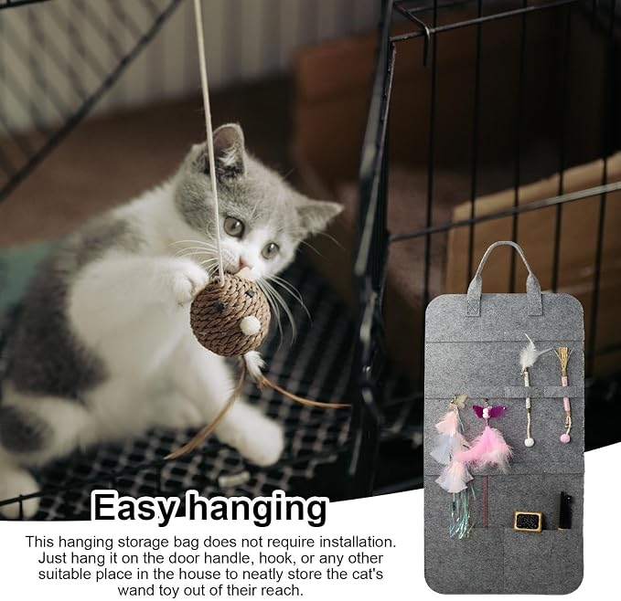 Cat Wand Toy Organizer Bag, Space Saving Felt Wall Storage Pouch for Cat to | Plume for Indoor Pet Toy Storage Mounted Doorknob Hook Solution Space Saving Wall Mount Door Felt Organizer Container