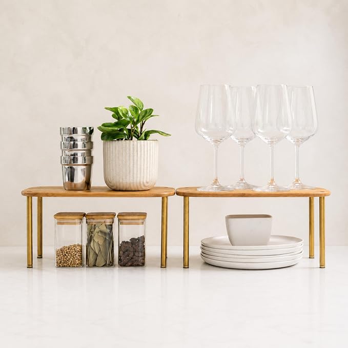Ibyx Shelves Organizer Set of 2 - Kitchen Cabinet Organizers and Pantry Storage - Bamboo Top & Brass-Effect Metal Legs - Stackable Shelves for Kitchen Counter & Cabinets with 22 lb Capacity - Brown