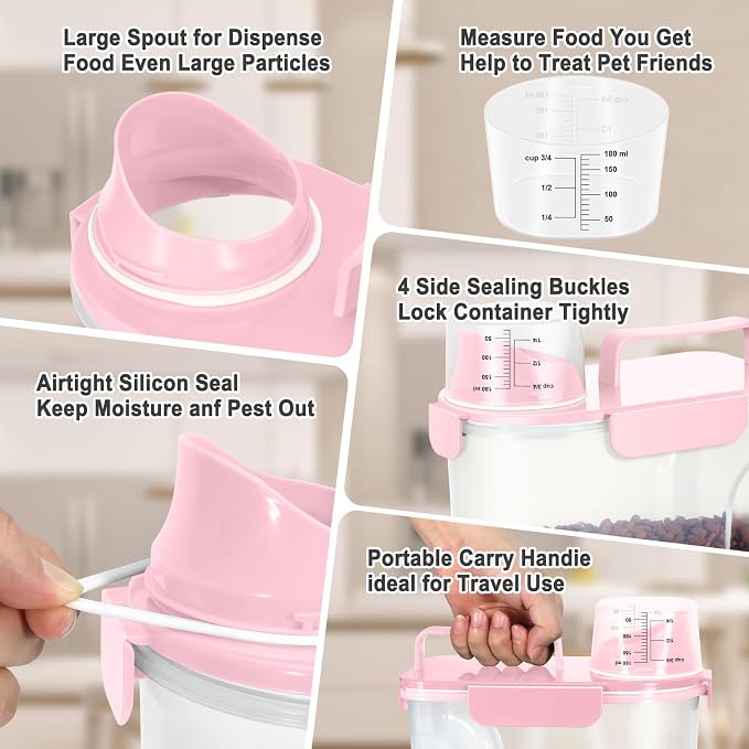 Dog Cat Food Storage Container with Cup (Pink, 5L) | Pet Food Pourable Container Airtight with Large Spout, BPA-Free Plastic Food Dispenser for Pet Food, Bird Seed, Rice, Flour