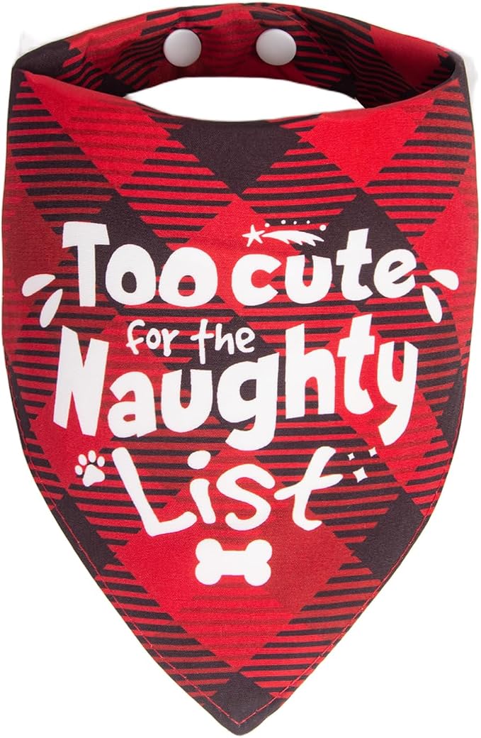 Christmas Dog Bandanas Naughty & Nice Idea Funny Holiday Stocking Pet Scarf Gifts - Too Cute for the Naughty List, Red Plaid, Extra Large Breed, 75lbs+