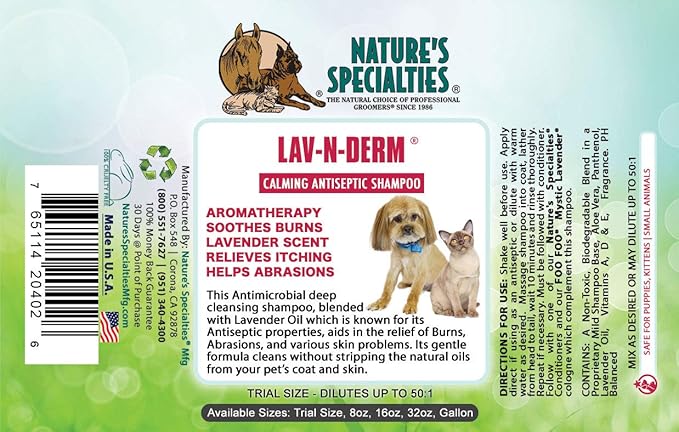 Nature's Specialties Lav-N-Derm Ultra Concentrated Calming Antiseptic Dog Shampoo for Pets, Makes up to 50 Gallons, Relieves Various Skin Problems, Made in USA, 1 gal
