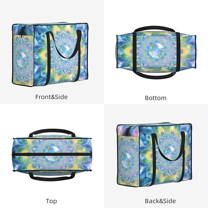48.7L Sturdy Moving Bags Peacock Feather Mandala Boho Print, Collapsible Oxford Fabric Storage Organizer Bags with Comfortable Handles for Travel