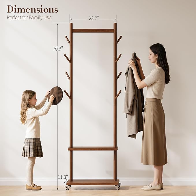 Yoobure Solid Wood Coat Rack Freestanding - Rolling Clothes Rack with 8 Hooks & Shelves, Small Clothing Rack with Wheels, Heavy Duty Clothing Racks for Hanging Clothes, Portable Hall Tree for Entryway